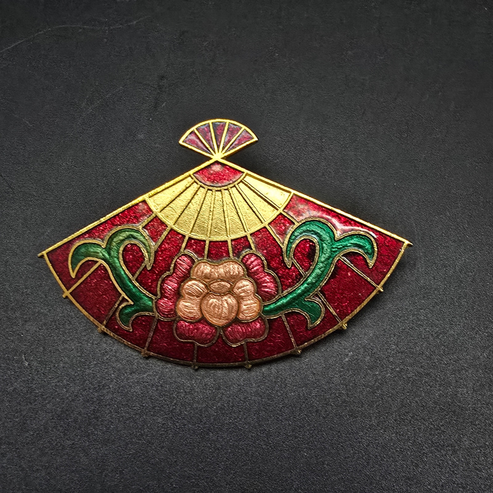 Cloisonne Fan Brooch Enamel Gold Tone 1980s Asian Inspired Vintage Jewelry 15$